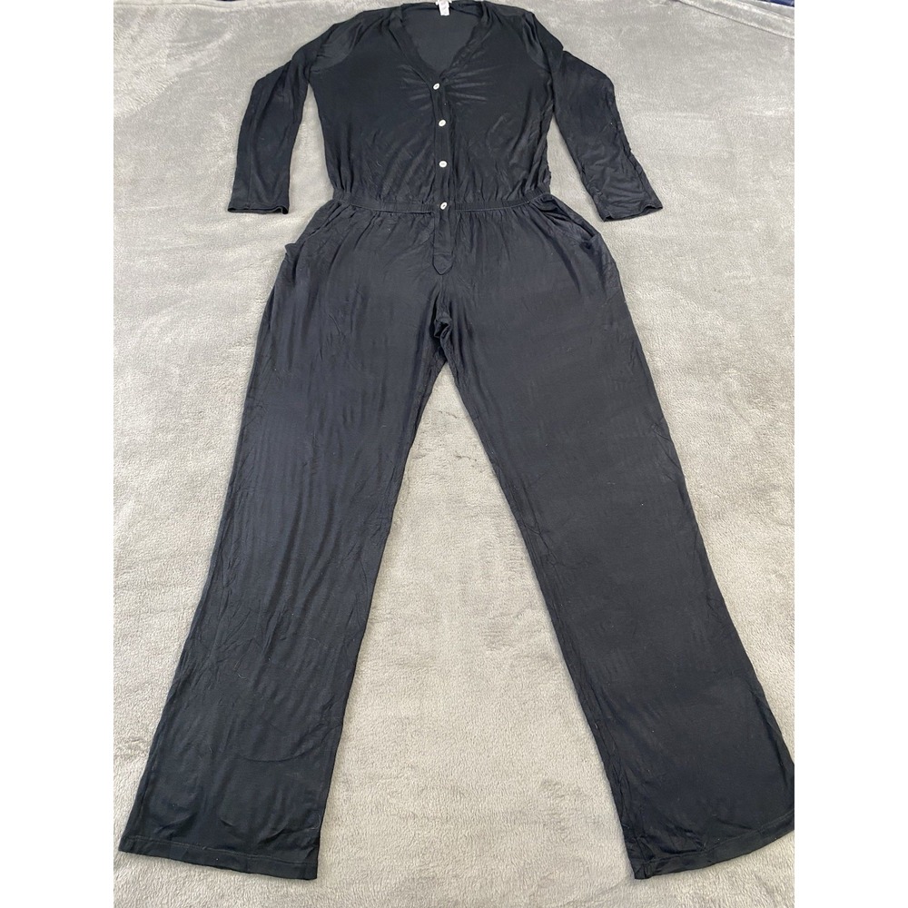 Eberjey Maya Long Sleeve Jumpsuit Black Size M Tall Soft Slouchy Pocket V-Neck